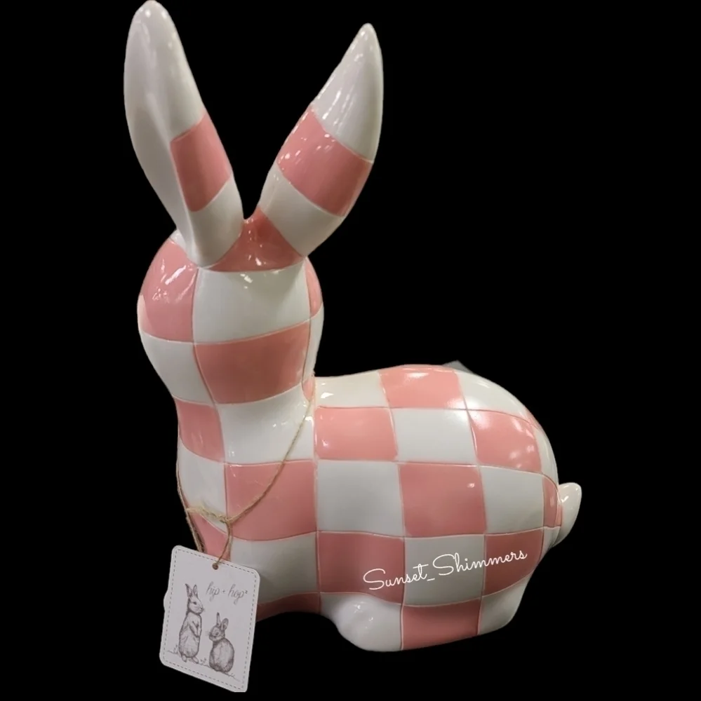2pc Pink White MacKenzie Style Courtly Check Easter Bunny Rabbit & Egg Decor Set